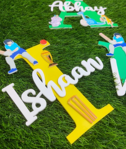 Personalised Yellow Kids Name Plate - Cricket Theme(25 cm)